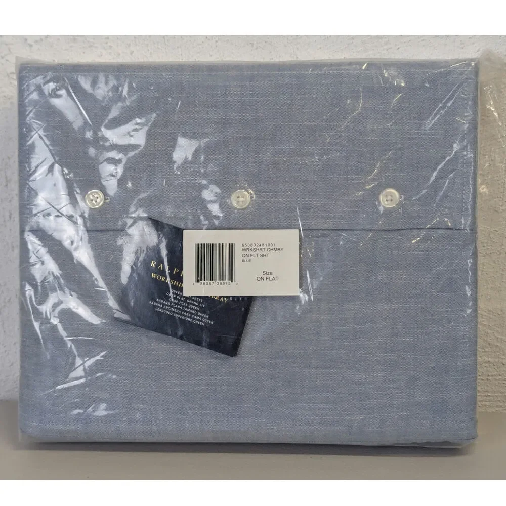 New Ralph Lauren Queen Flat Sheet Workshirt Chambray Blue Preppy Cotton Classic